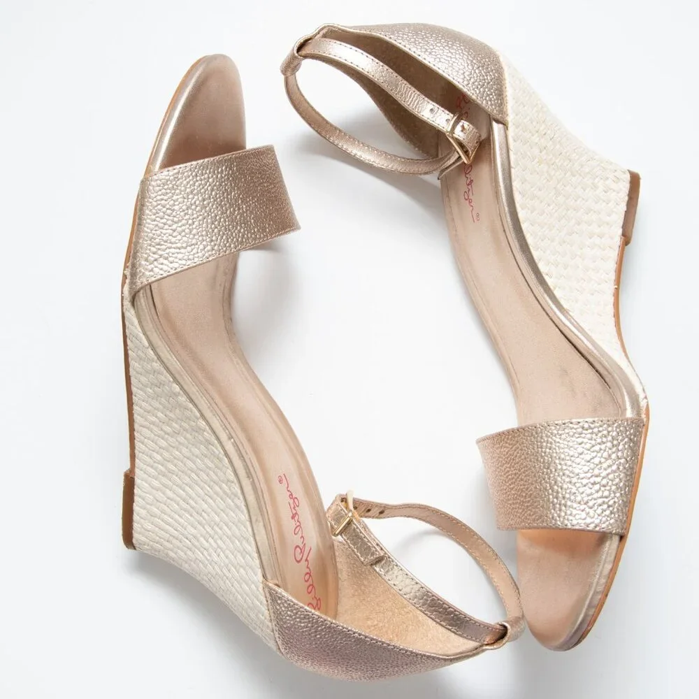 Lilly Pulitzer Bridgette Raffia Sandal Wedge Leather Ankle Strap Gold Size 9 - Picture 5 of 9